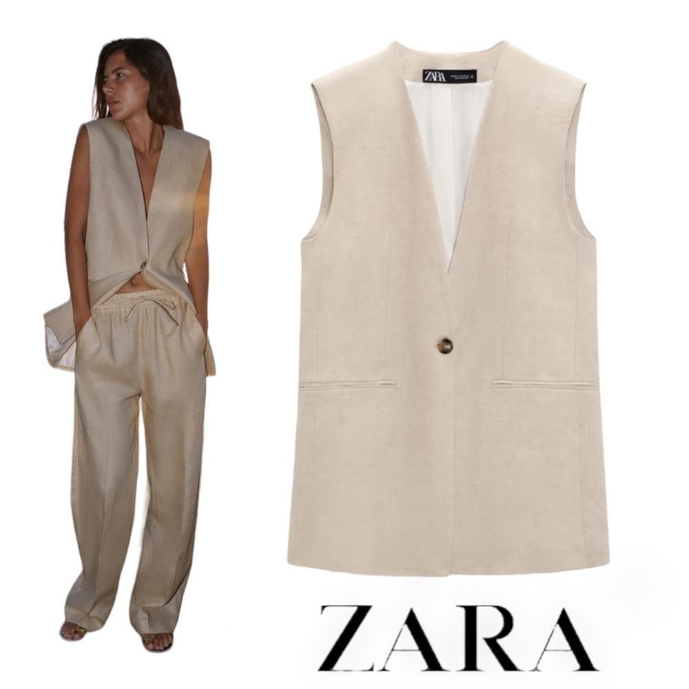 ZARA | Beige | 100% LINEN LONG WAISTCOAT